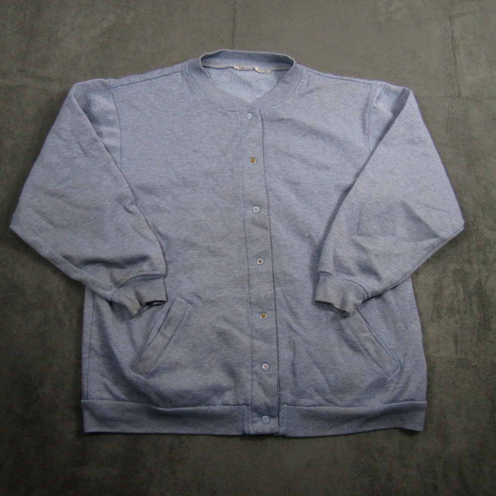 Snap Front Sweatshirt Women Large Blue Vintage Fleece Cardigan Pocket